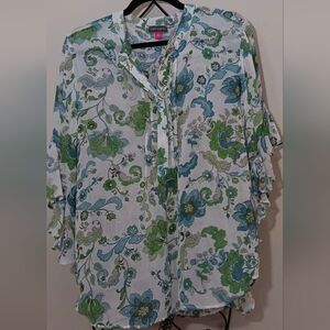Vince Camuto Floral Sheer Blouse in Green and Blue